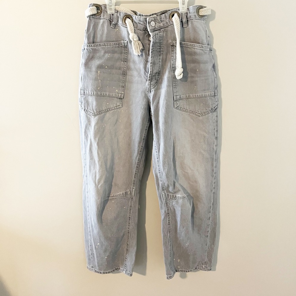 Free People We The Free Moxie Low Slung Barrel Jeans Blue Paint Splatter 27